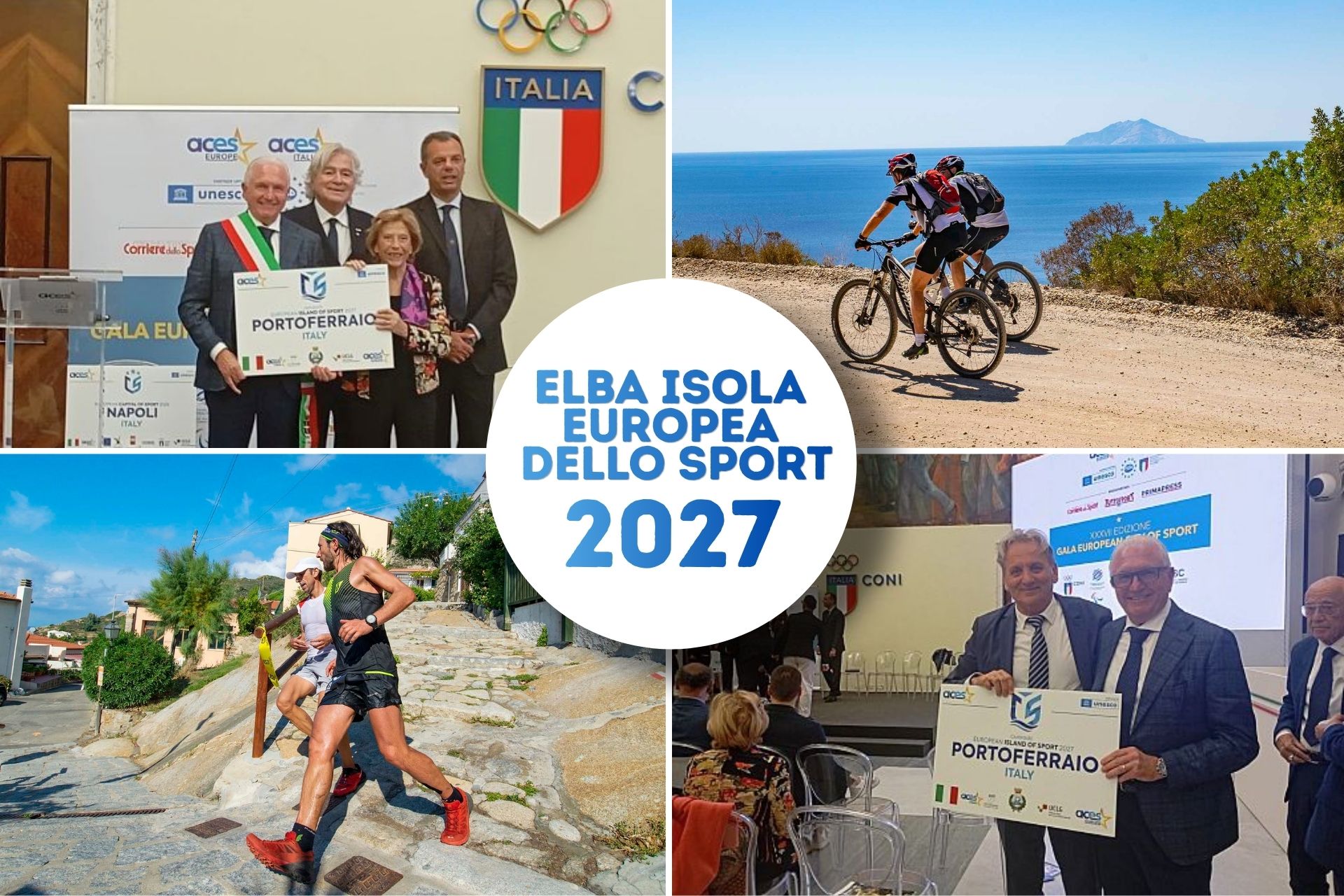 Collage dedicato al riconoscimento di Portoferraio e dell’Isola d’Elba come “Isola Europea dello Sport 2027”, tra cerimonia ufficiale al CONI, mountain bike, running e sport outdoor vista mare.